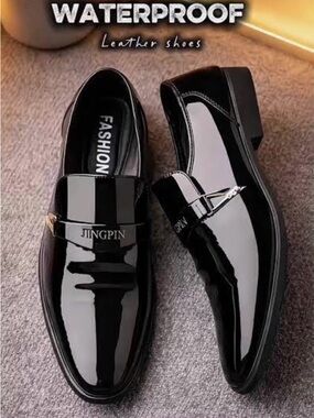 Jingpin Men’s Black Patent Leather Slip-On Loafers